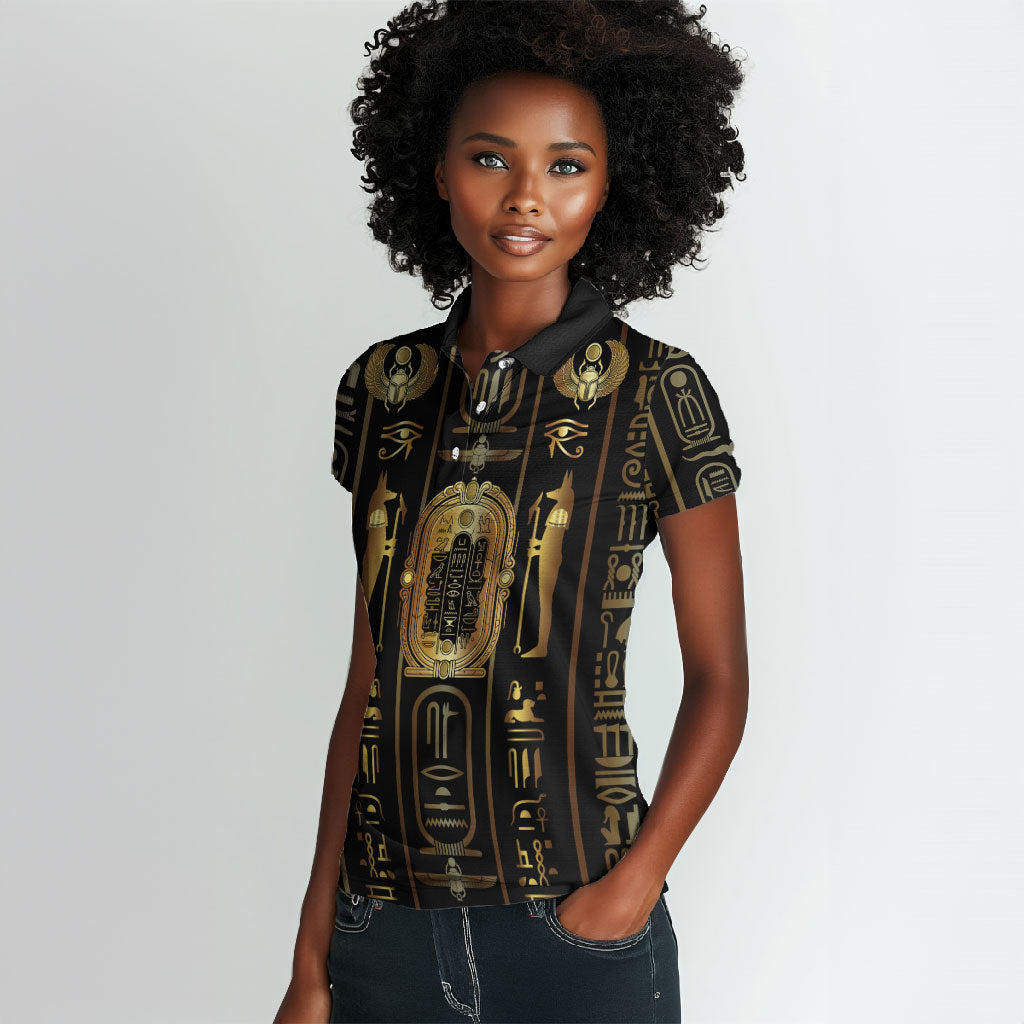 Egypt Cartouche Women Polo Shirt Gold Pharaoh Hieroglyphics Patterns