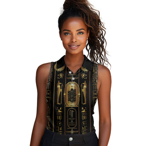 Egypt Cartouche Women Sleeveless Polo Shirt Gold Pharaoh Hieroglyphics Patterns