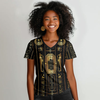 Egypt Cartouche Women V-Neck T-Shirt Gold Pharaoh Hieroglyphics Patterns