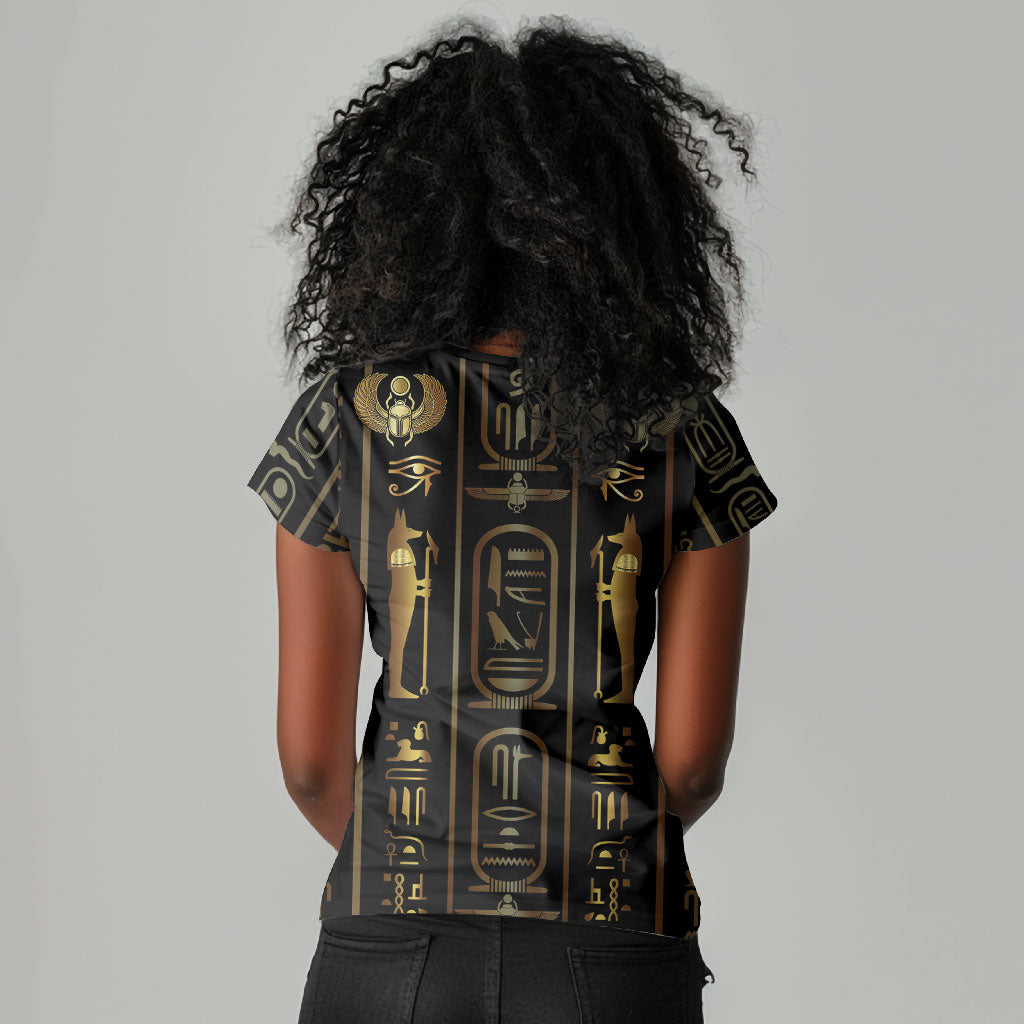 Egypt Cartouche Women V-Neck T-Shirt Gold Pharaoh Hieroglyphics Patterns