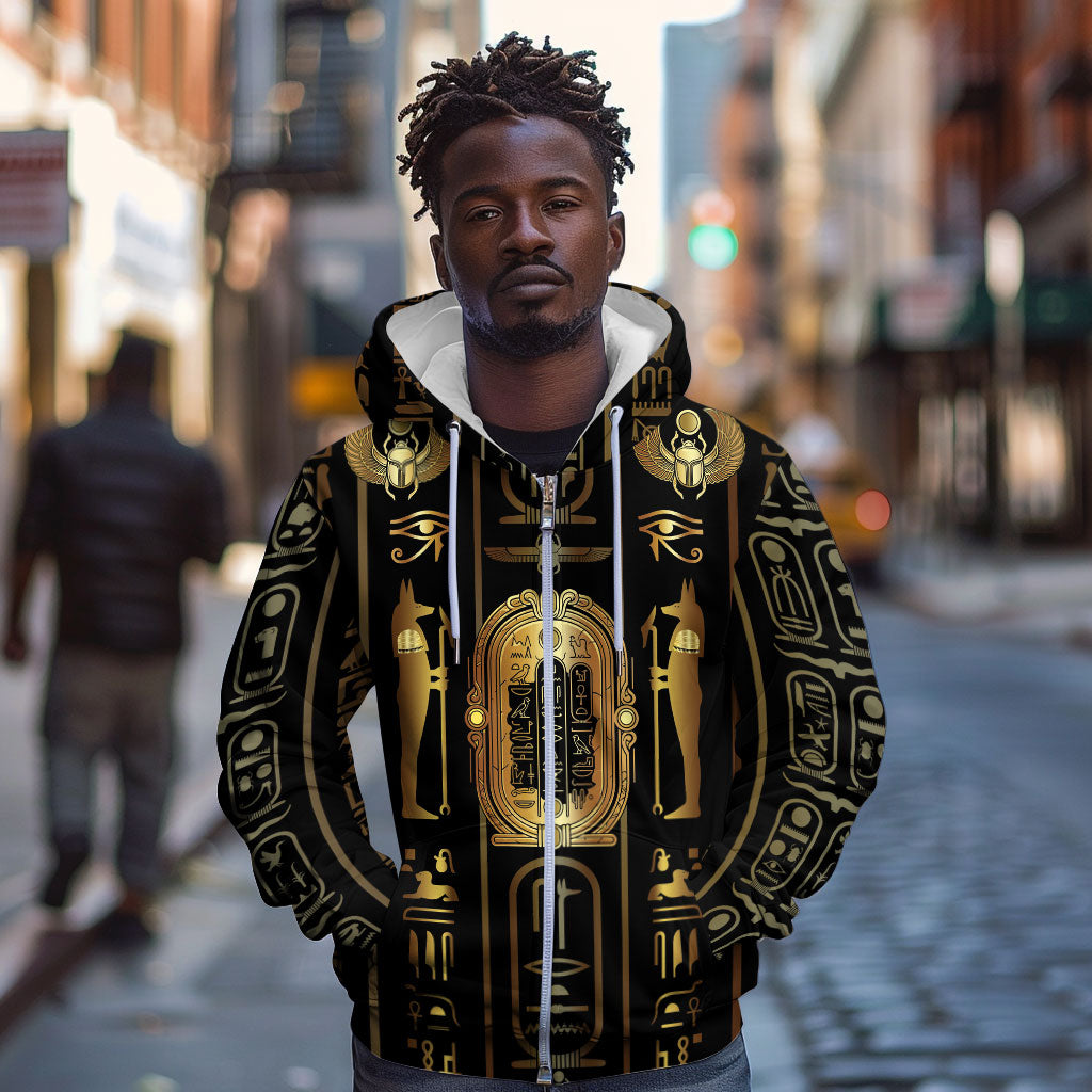 Egypt Cartouche Zip Hoodie Gold Pharaoh Hieroglyphics Patterns
