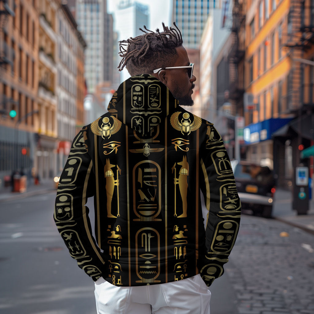 Egypt Cartouche Zip Hoodie Gold Pharaoh Hieroglyphics Patterns