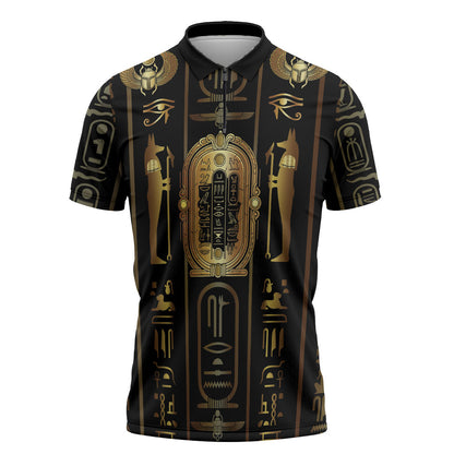 Egypt Cartouche Zipper Polo Shirt Gold Pharaoh Hieroglyphics Patterns