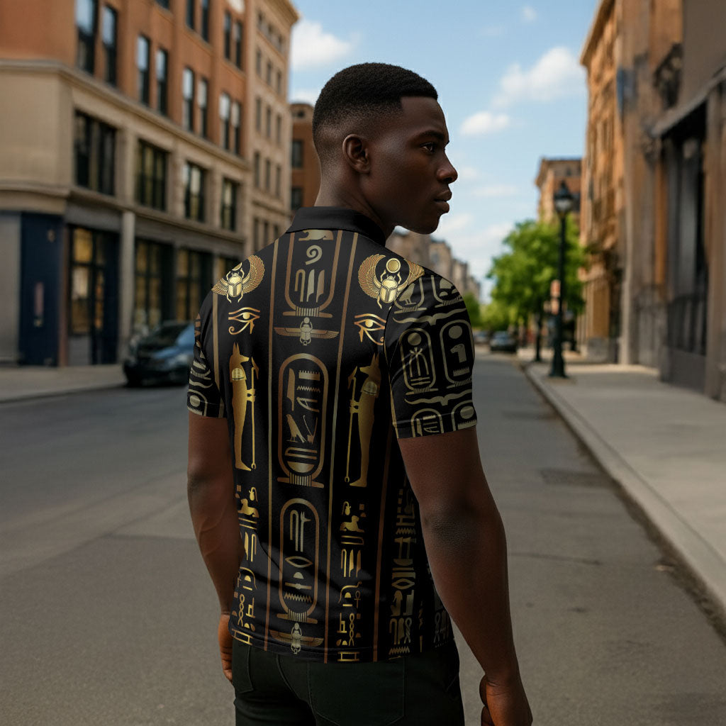 Egypt Cartouche Zipper Polo Shirt Gold Pharaoh Hieroglyphics Patterns
