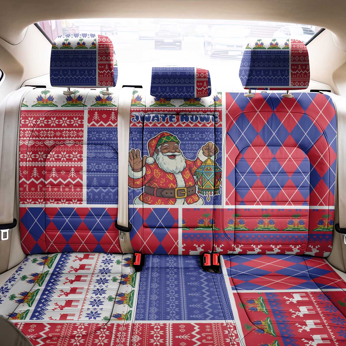 Haiti Christmas Back Car Seat Cover Santa With Fanal Haitian Patchwork Style - African Pride