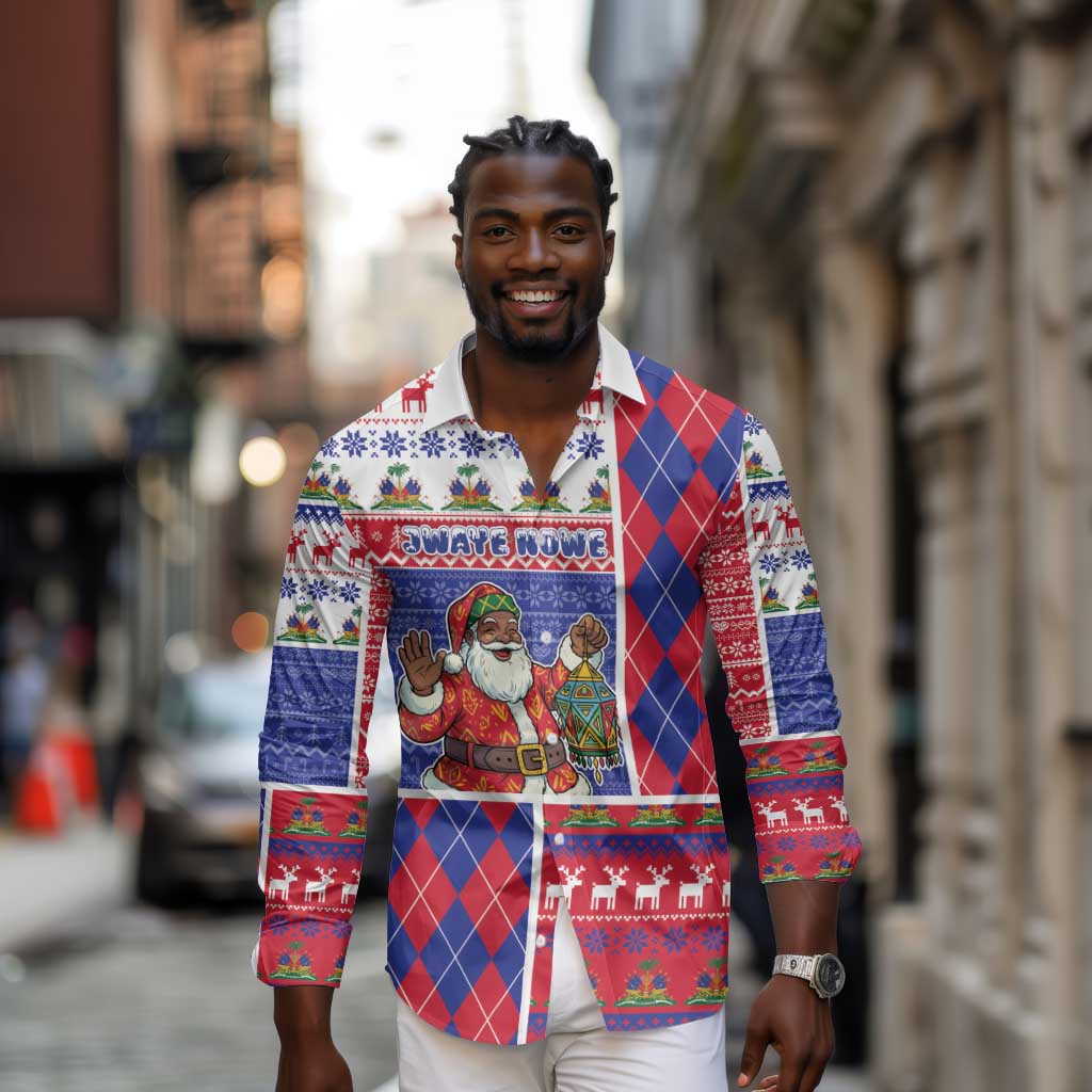 Haiti Christmas Long Sleeve Button Shirt Santa With Fanal Haitian Patchwork Style - African Pride
