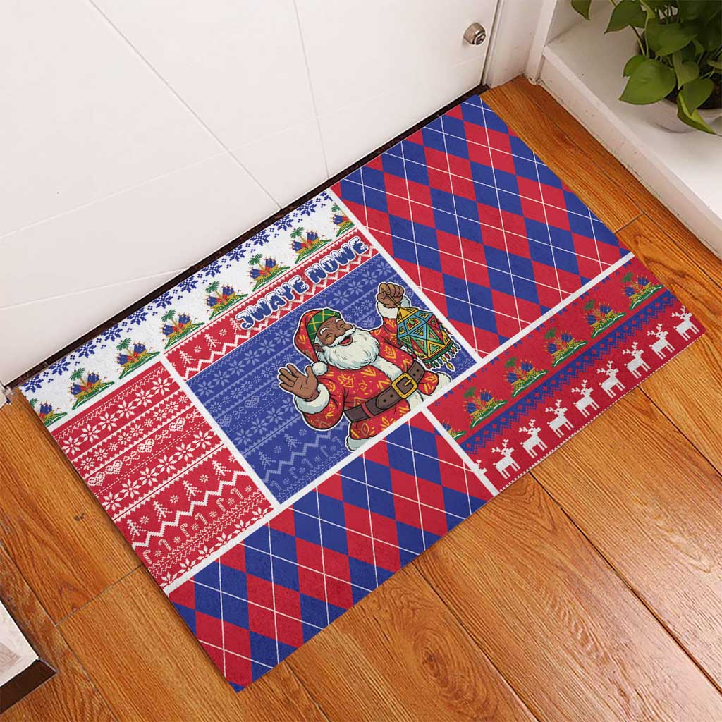 Haiti Christmas Rubber Doormat Santa With Fanal Haitian Patchwork Style - African Pride