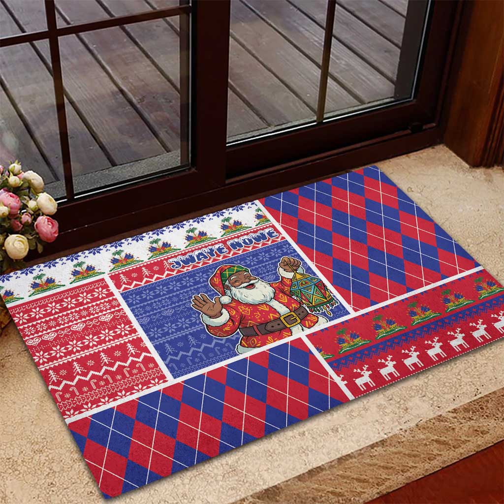 Haiti Christmas Rubber Doormat Santa With Fanal Haitian Patchwork Style - African Pride