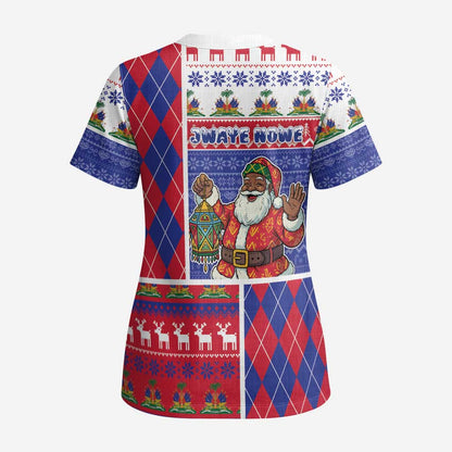 Haiti Christmas Scrub Top Santa With Fanal Haitian Patchwork Style - African Pride