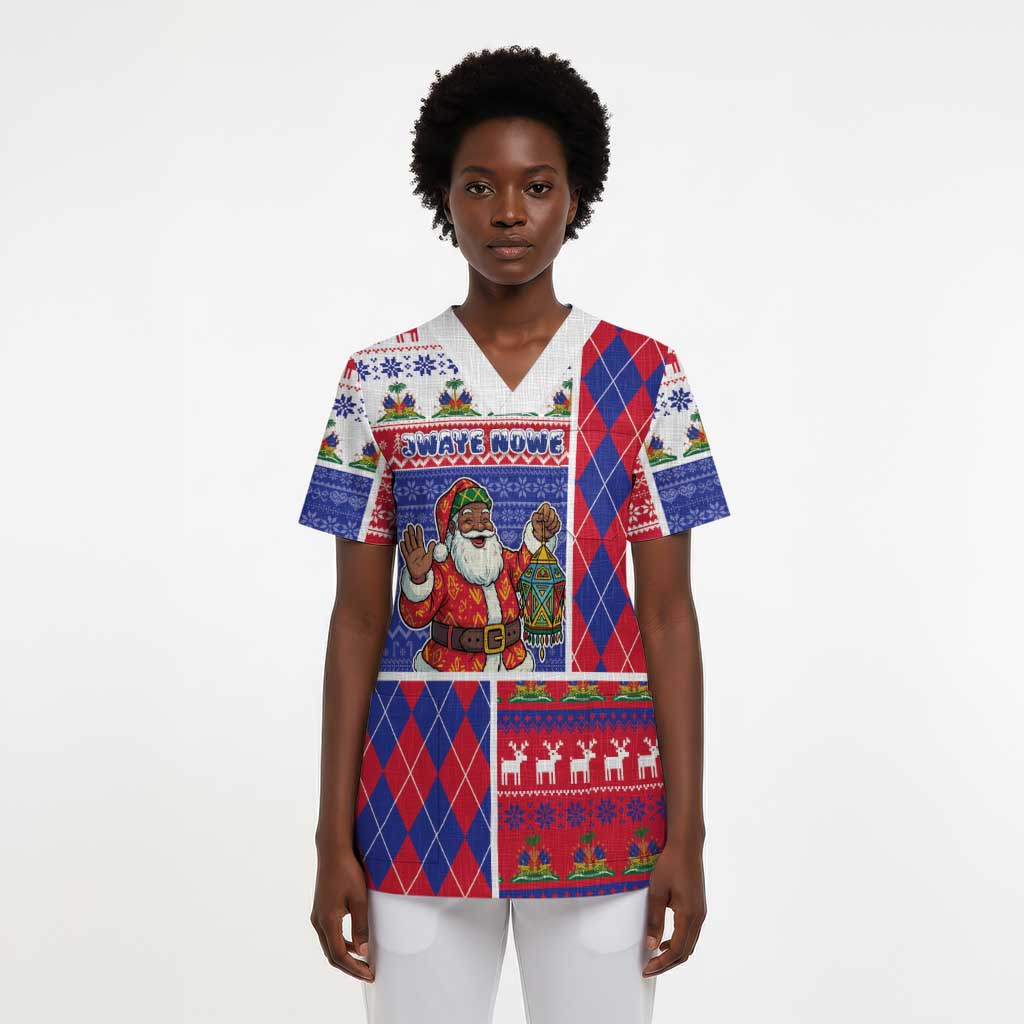 Haiti Christmas Scrub Top Santa With Fanal Haitian Patchwork Style - African Pride