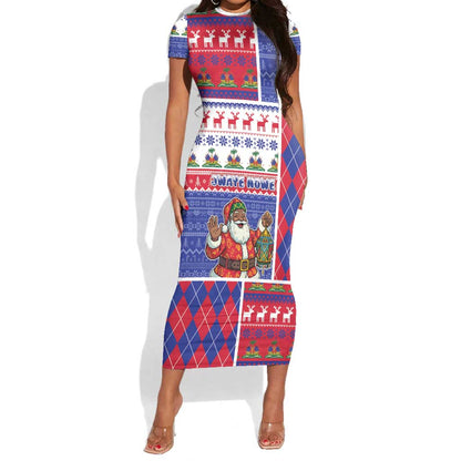 Haiti Christmas Short Sleeve Bodycon Dress Santa With Fanal Haitian Patchwork Style DT05