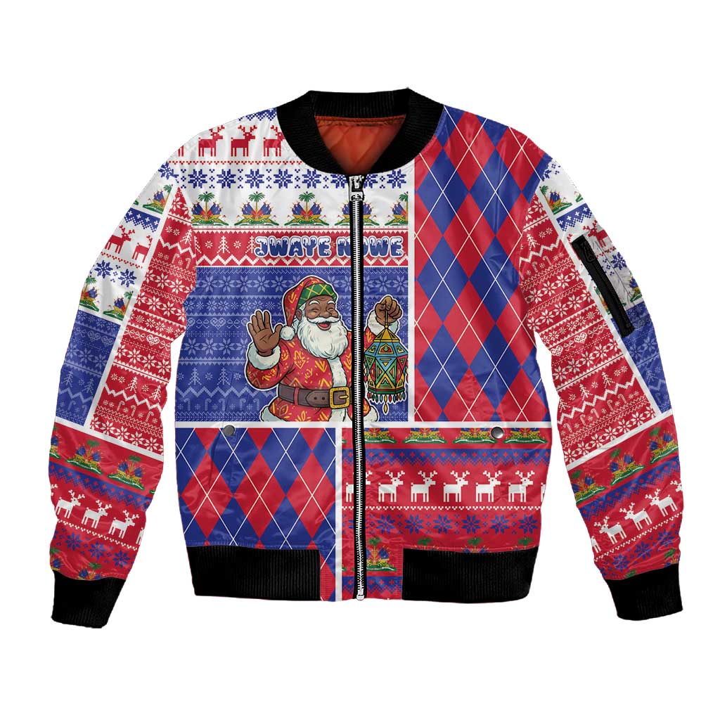 Haiti Christmas Sleeve Zip Bomber Jacket Santa With Fanal Haitian Patchwork Style - African Pride