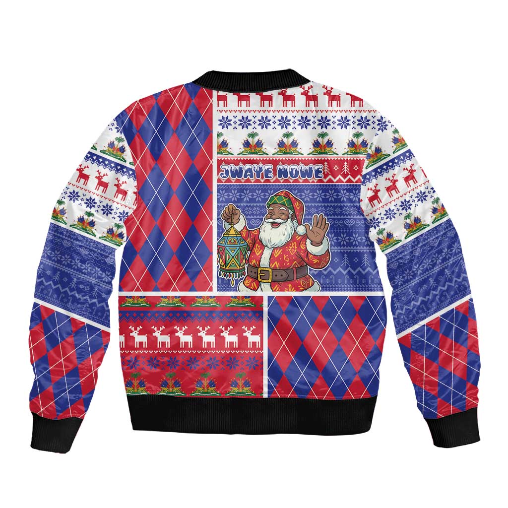 Haiti Christmas Sleeve Zip Bomber Jacket Santa With Fanal Haitian Patchwork Style - African Pride