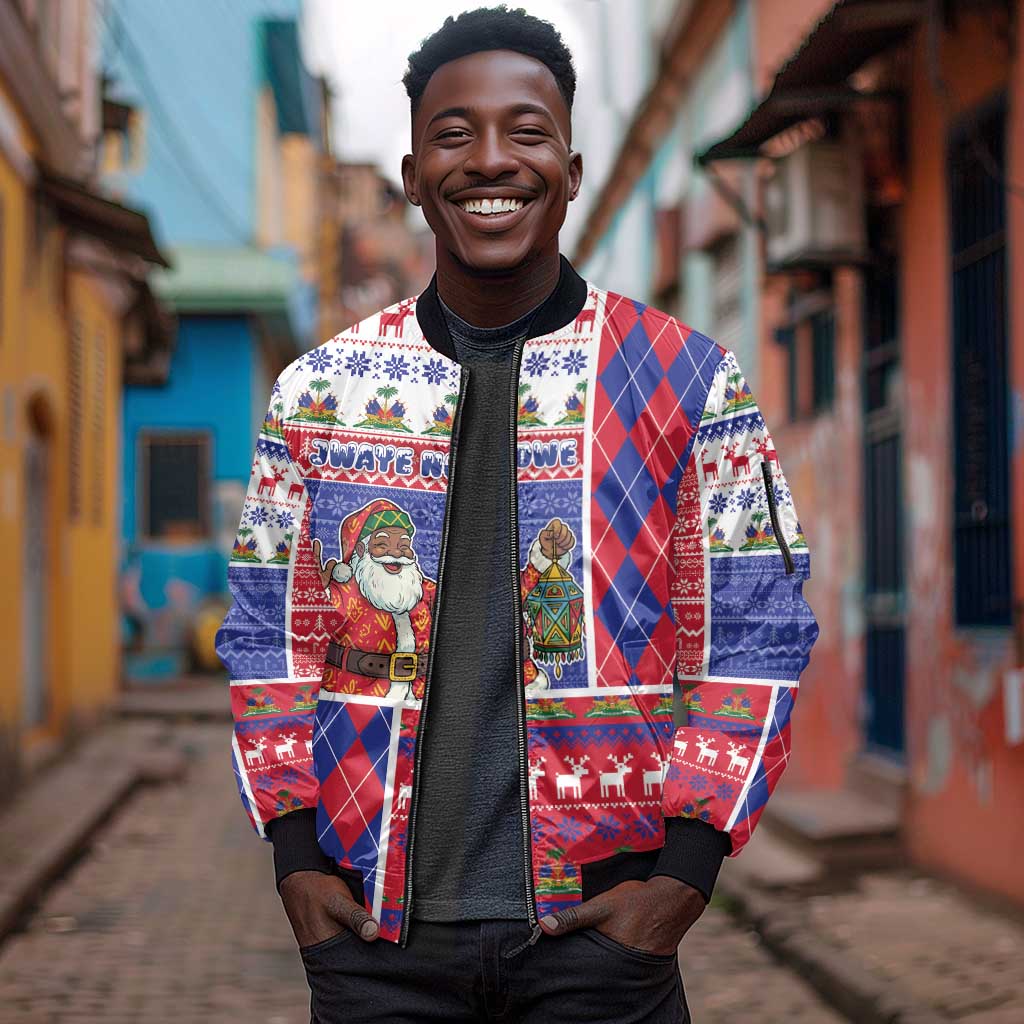 Haiti Christmas Sleeve Zip Bomber Jacket Santa With Fanal Haitian Patchwork Style - African Pride