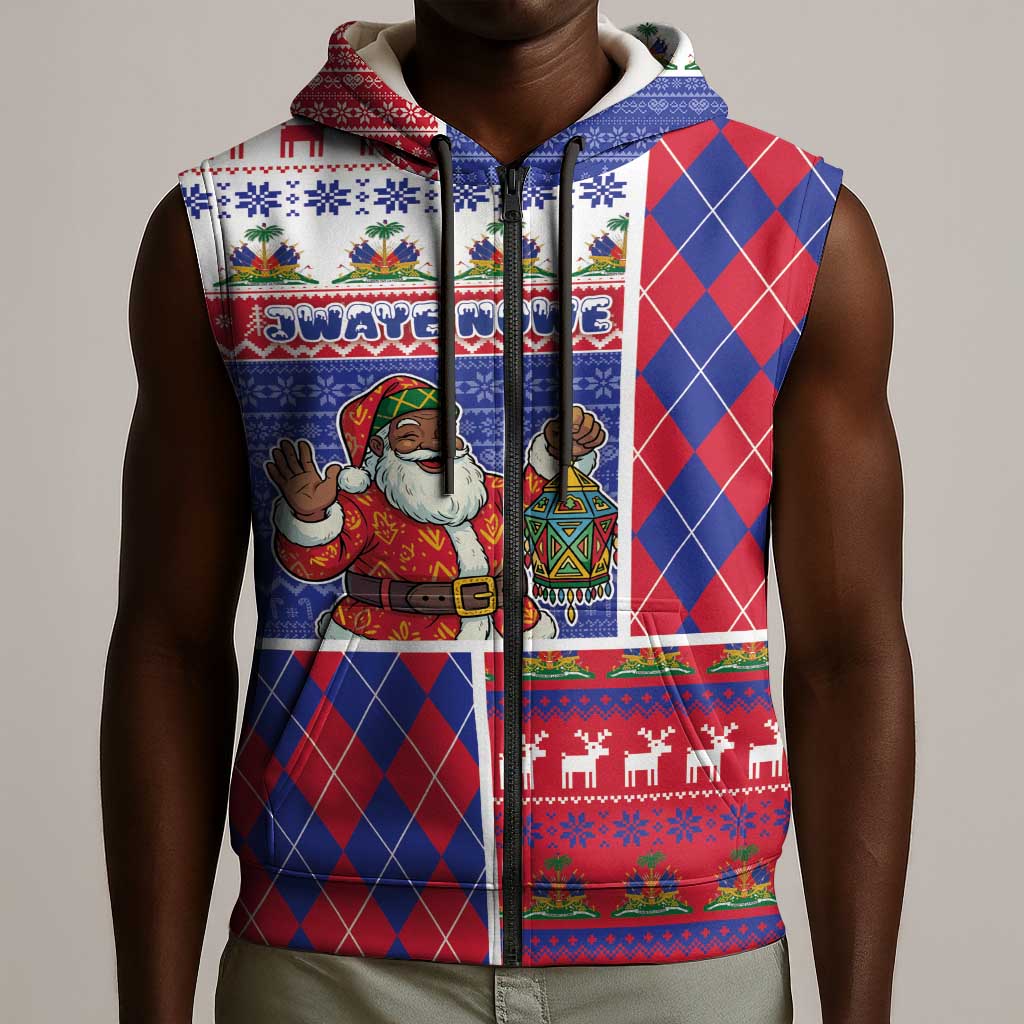 Haiti Christmas Sleeveless Zip Hoodie Santa With Fanal Haitian Patchwork Style - African Pride