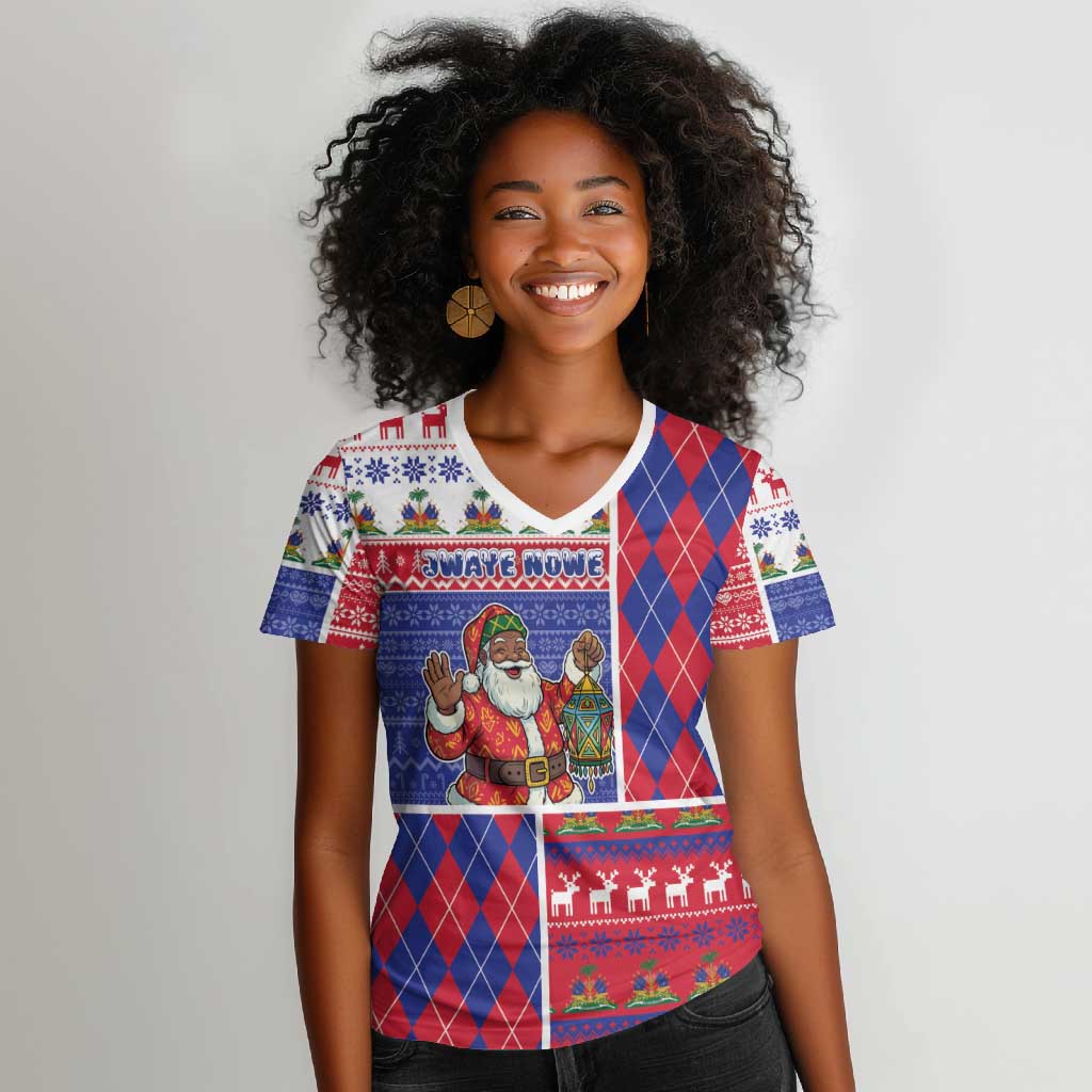 Haiti Christmas Women V-Neck T-Shirt Santa With Fanal Haitian Patchwork Style DT05