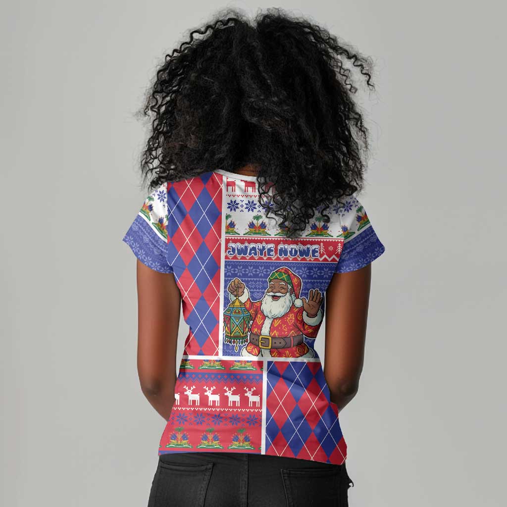 Haiti Christmas Women V-Neck T-Shirt Santa With Fanal Haitian Patchwork Style DT05