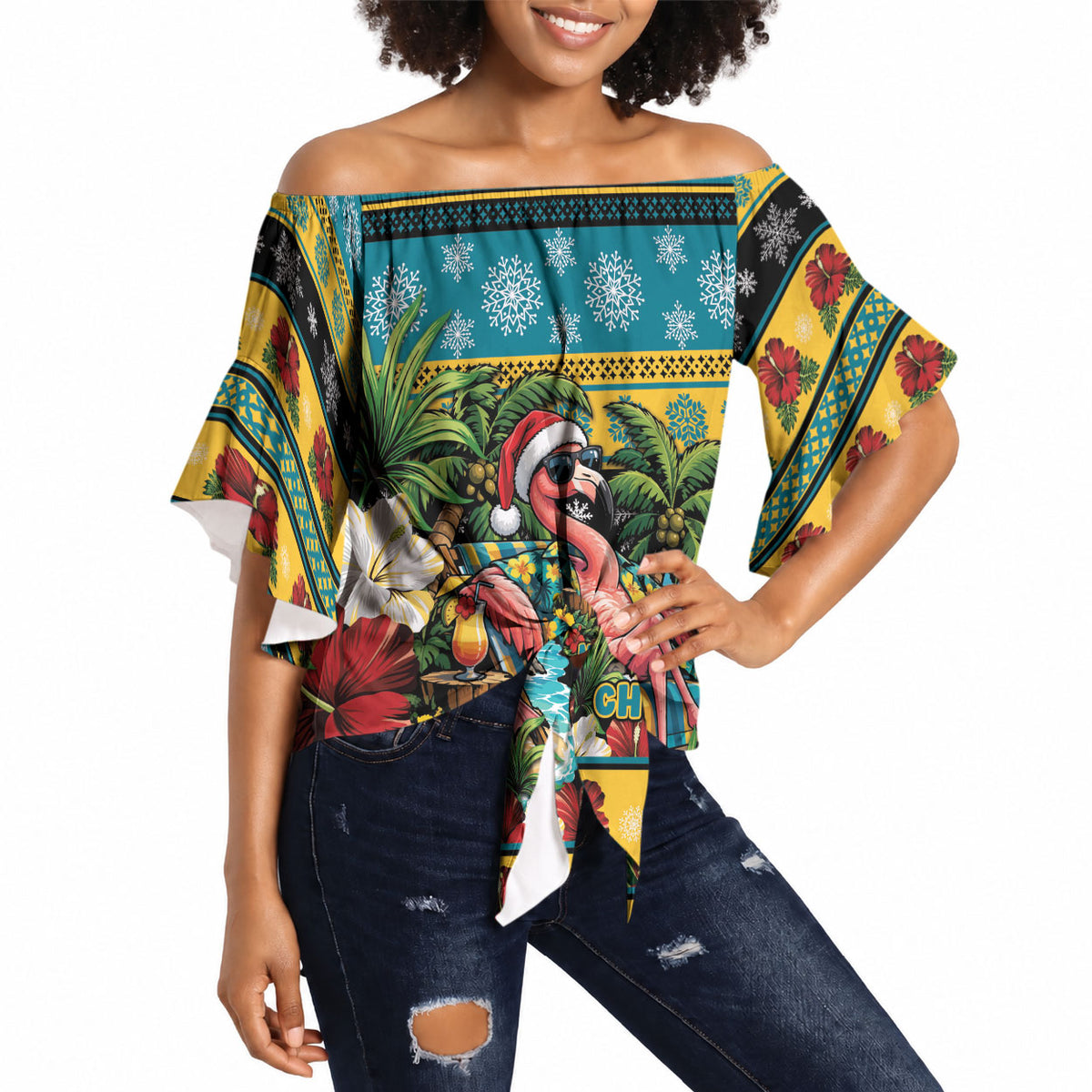 Afro-Bahamian Christmas Off Shoulder Wrap Waist Top This Flamingo Needs A Beach Retreat