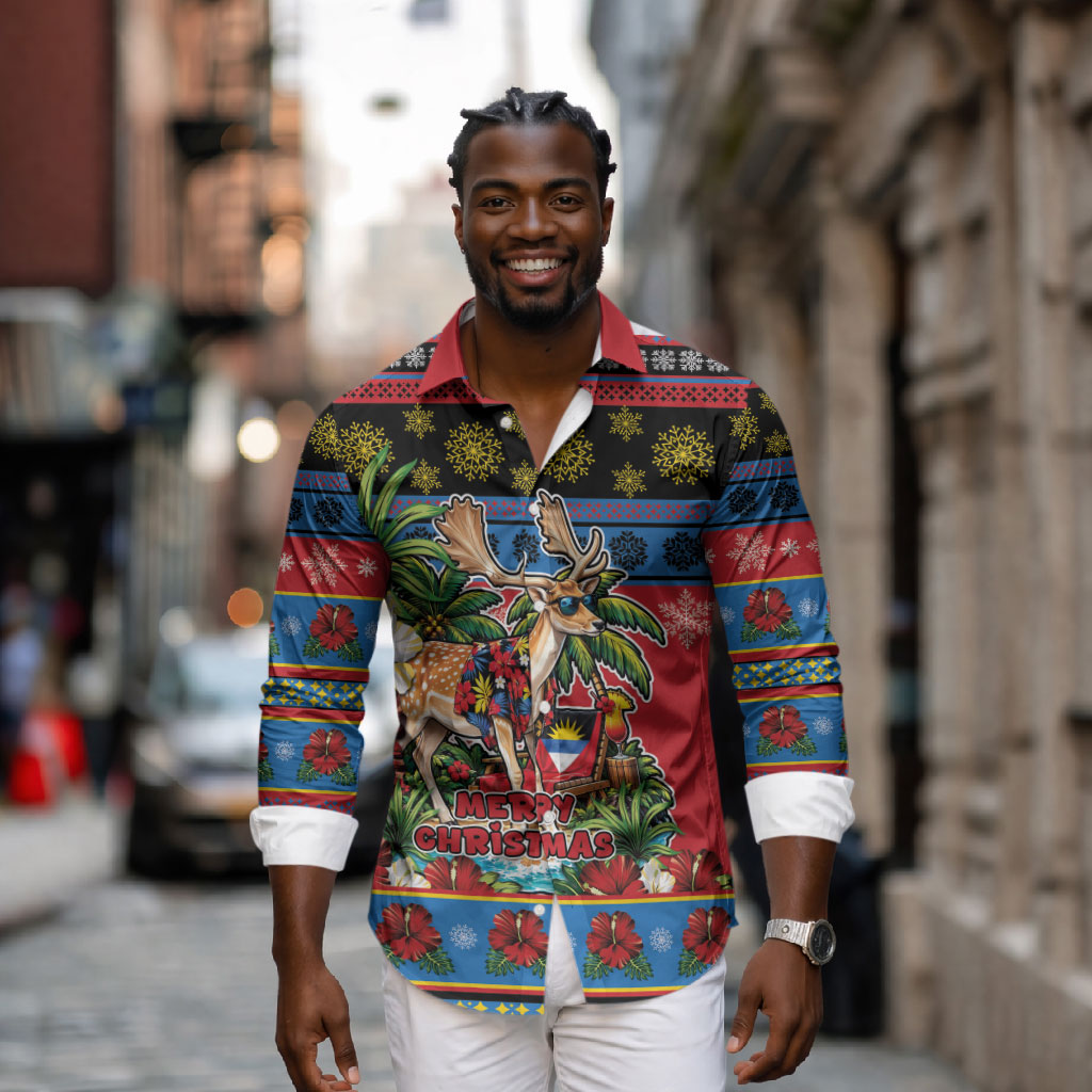 Afro-Antiguan and Barbudan Christmas Long Sleeve Button Shirt This Fallow Deer Needs A Beach Retreat
