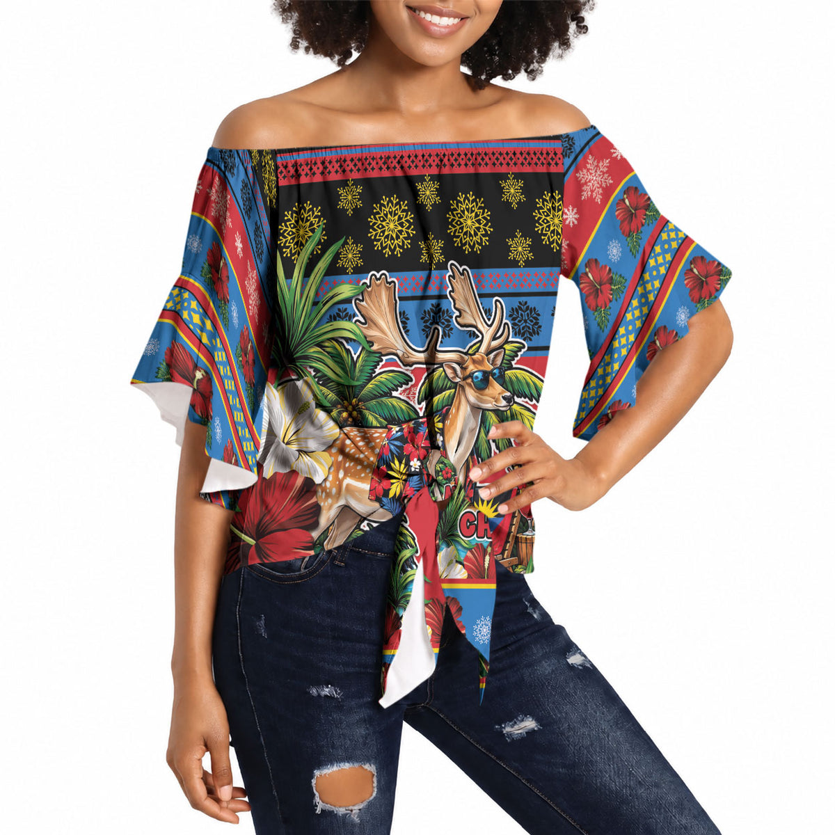 Afro-Antiguan and Barbudan Christmas Off Shoulder Wrap Waist Top This Fallow Deer Needs A Beach Retreat