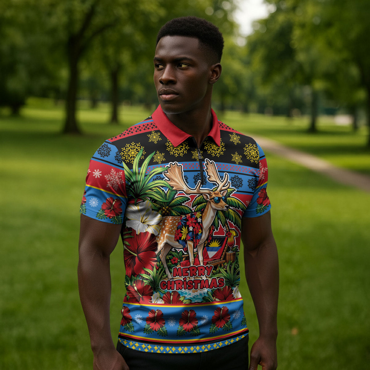 Afro-Antiguan and Barbudan Christmas Zipper Polo Shirt This Fallow Deer Needs A Beach Retreat
