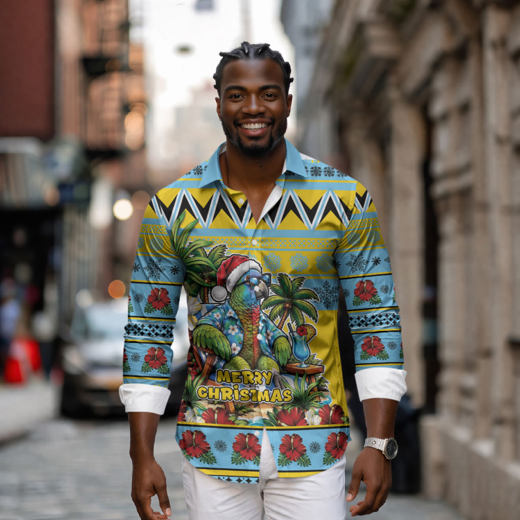 Afro-Saint Lucian Christmas Long Sleeve Button Shirt This Amazona Parrot Needs A Beach Retreat