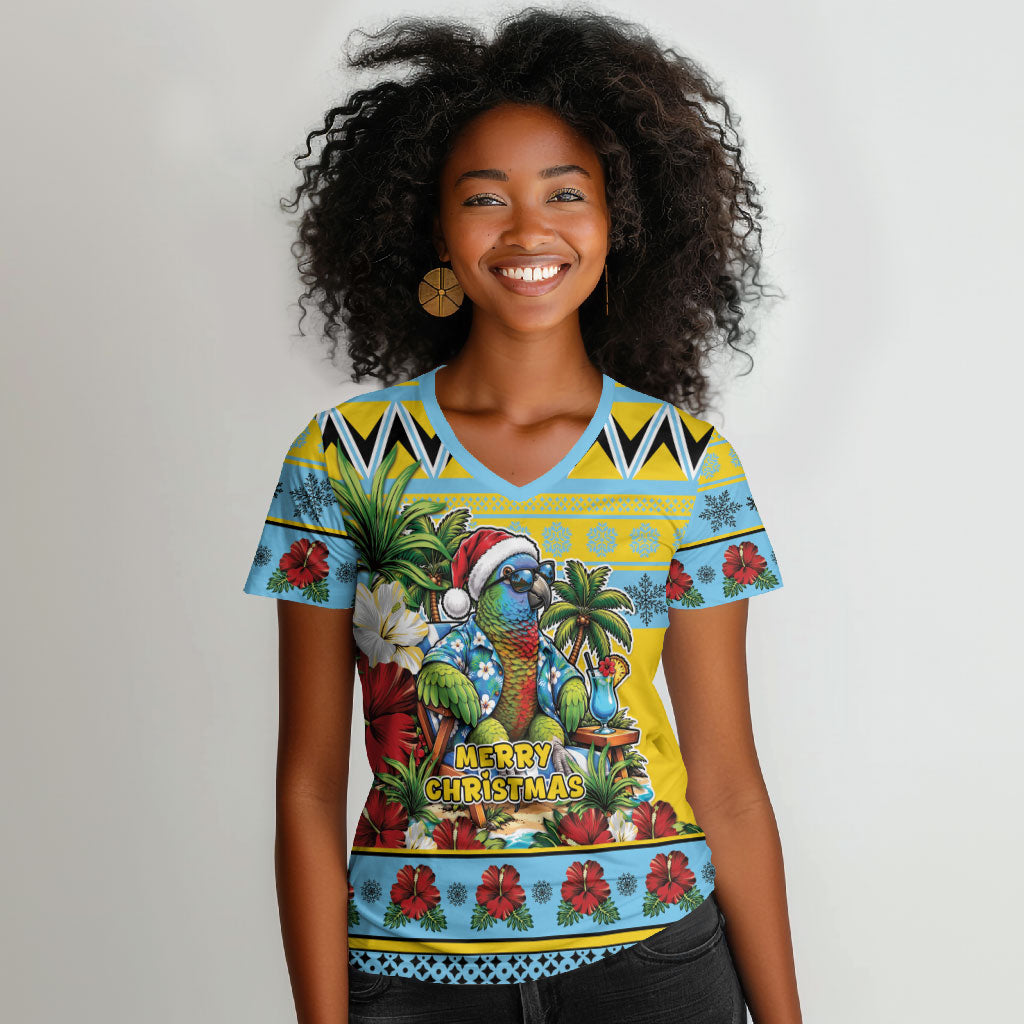 Afro-Saint Lucian Christmas Women V-Neck T-Shirt This Amazona Parrot Needs A Beach Retreat