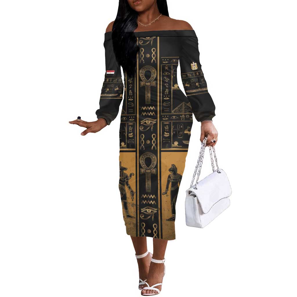 Personalized Egypt Off The Shoulder Long Sleeve Dress Ancient Ankh Luxury - African Pride