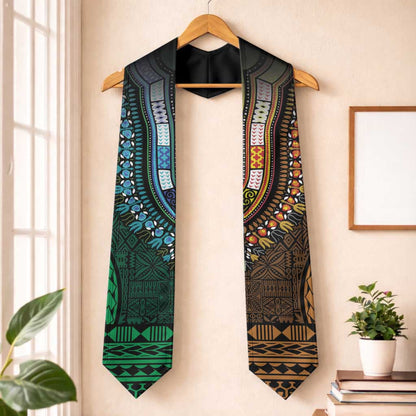 Green-gold Dashiki and Tapa Pattern Graduation Stole Africa-Polynesia Together Culture