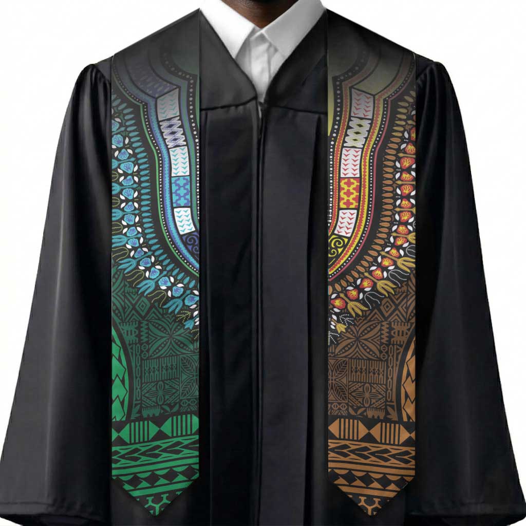 Green-gold Dashiki and Tapa Pattern Graduation Stole Africa-Polynesia Together Culture