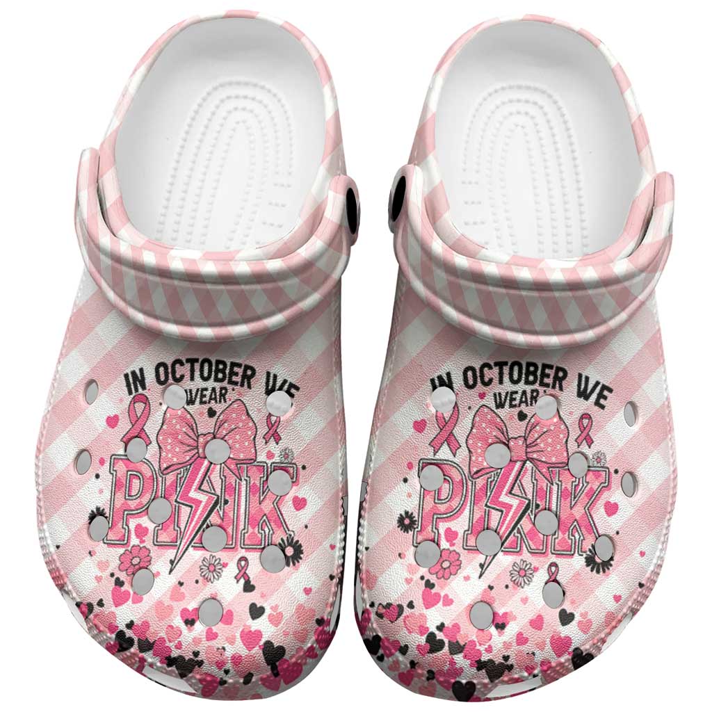In October We Wear Pink Clogs Shoes Pink Pretty Bow Pastel Gingham - African Pride