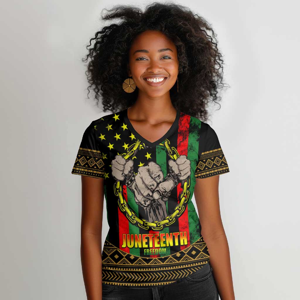 Juneteenth Celebration 2024 Women V-Neck T-Shirt Black History June 19