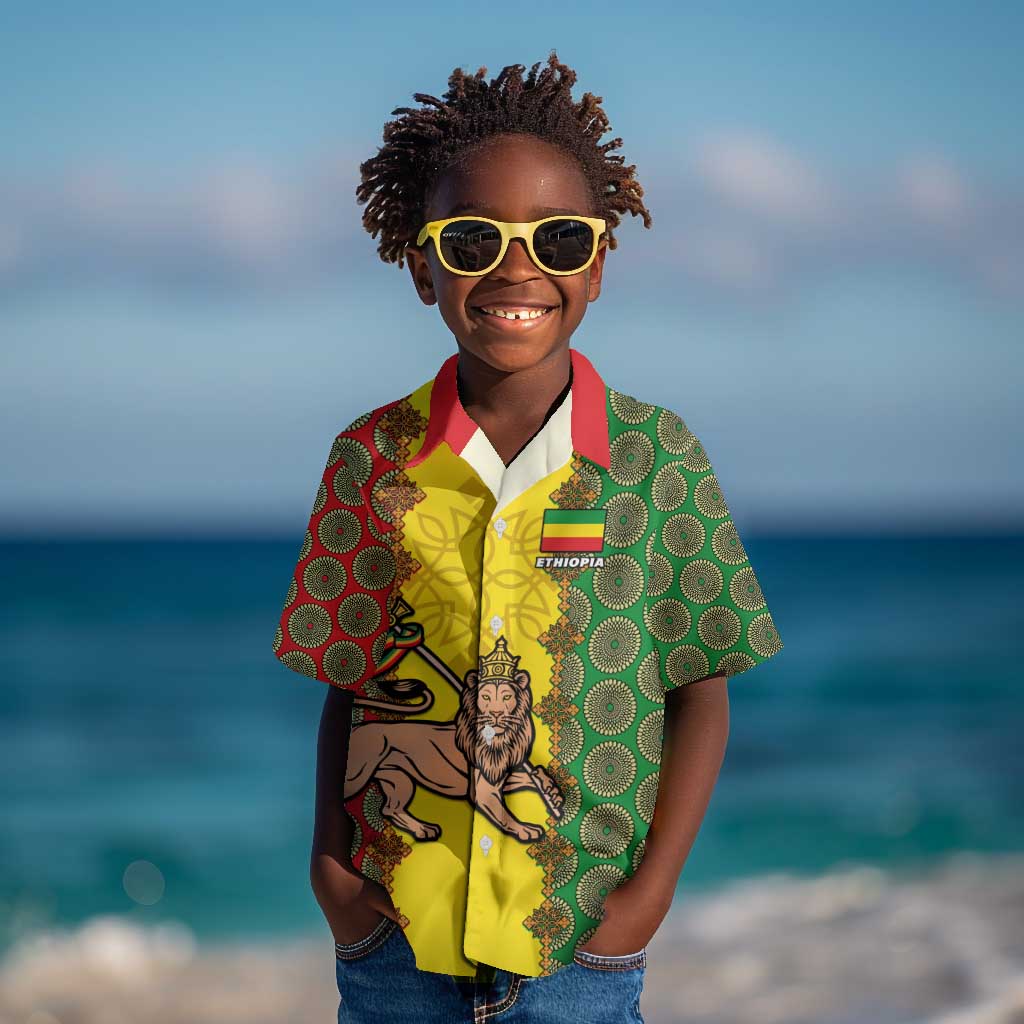 Personalized Ethiopia Kid Hawaiian Shirt with Lion of Judah and African Pattern Design