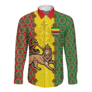 Personalized Ethiopia Long Sleeve Button Shirt with Lion of Judah and African Pattern Design