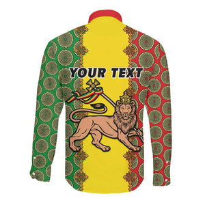 Personalized Ethiopia Long Sleeve Button Shirt with Lion of Judah and African Pattern Design