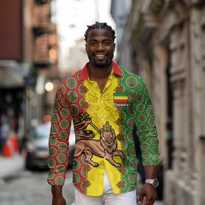 Personalized Ethiopia Long Sleeve Button Shirt with Lion of Judah and African Pattern Design