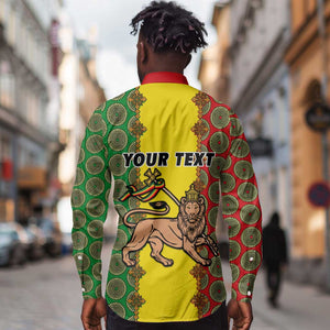 Personalized Ethiopia Long Sleeve Button Shirt with Lion of Judah and African Pattern Design