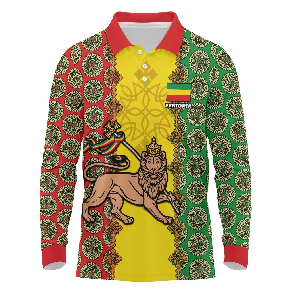 Personalized Ethiopia Long Sleeve Polo Shirt with Lion of Judah and African Pattern Design