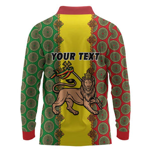 Personalized Ethiopia Long Sleeve Polo Shirt with Lion of Judah and African Pattern Design