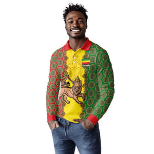 Personalized Ethiopia Long Sleeve Polo Shirt with Lion of Judah and African Pattern Design