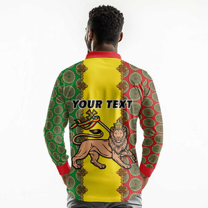 Personalized Ethiopia Long Sleeve Polo Shirt with Lion of Judah and African Pattern Design