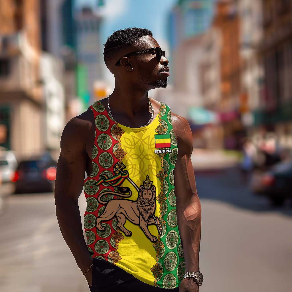 Personalized Ethiopia Men Tank Top with Lion of Judah and African Pattern Design