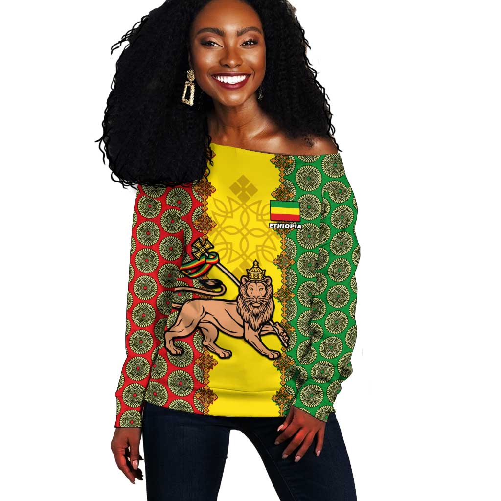 Personalized Ethiopia Off Shoulder Sweater with Lion of Judah and African Pattern Design