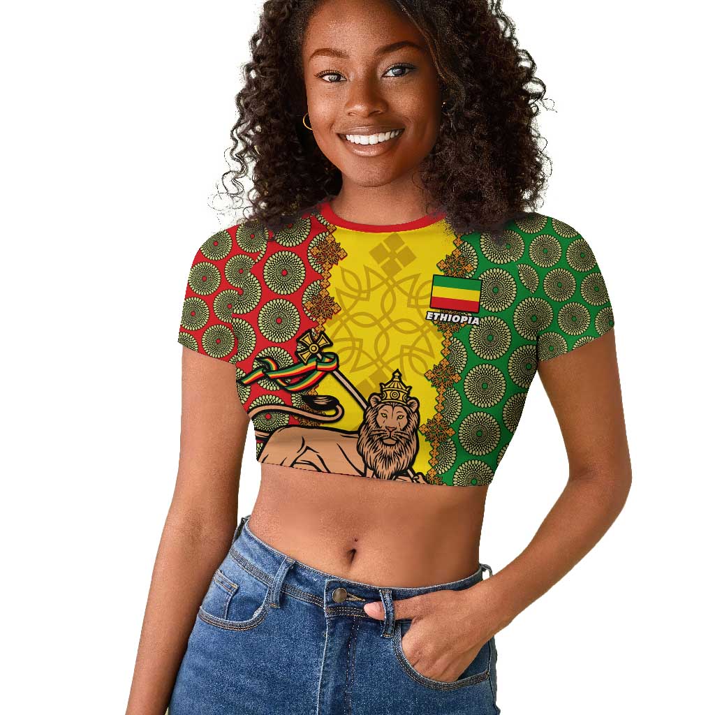 Personalized Ethiopia Raglan Cropped T shirt with Lion of Judah and African Pattern Design