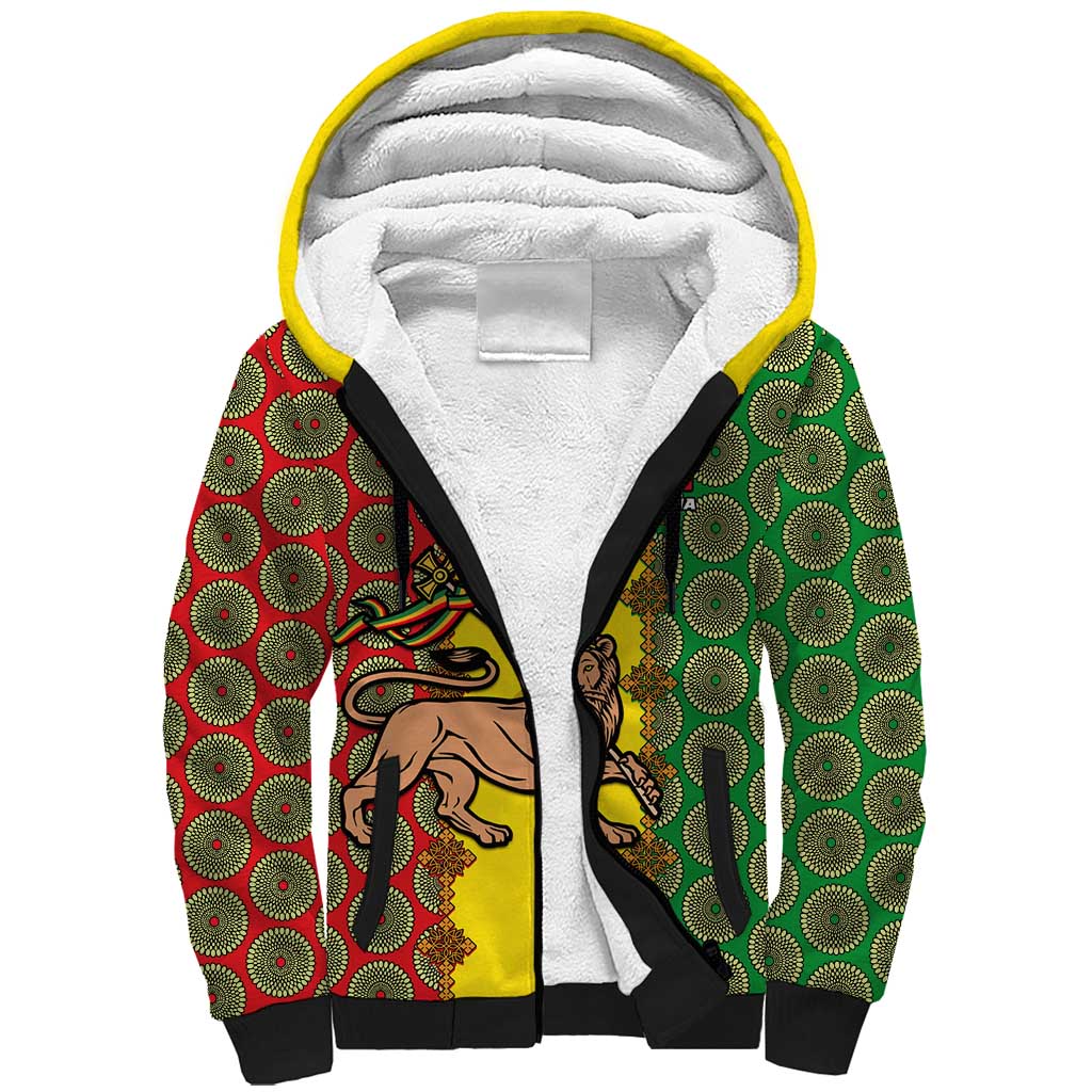 Personalized Ethiopia Sherpa Hoodie with Lion of Judah and African Pattern Design