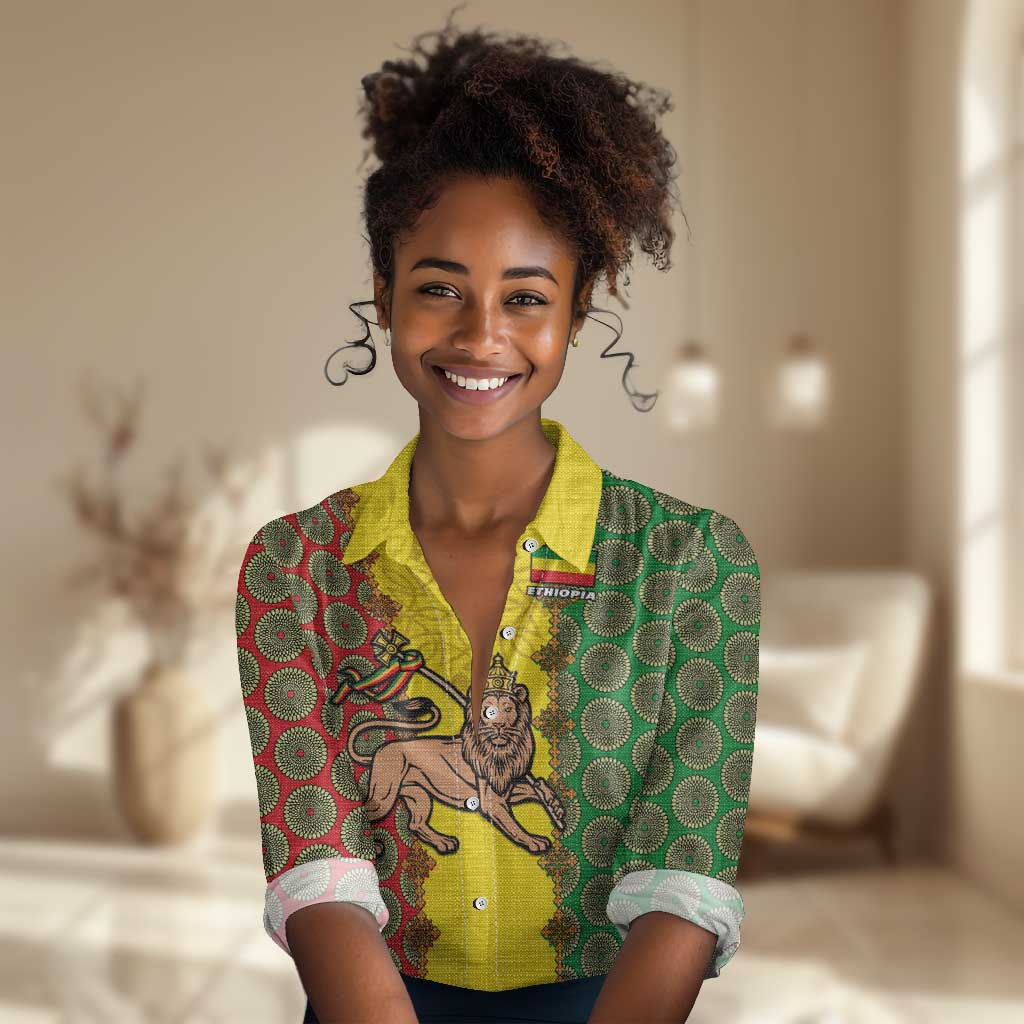 Personalized Ethiopia Women Casual Shirt with Lion of Judah and African Pattern Design