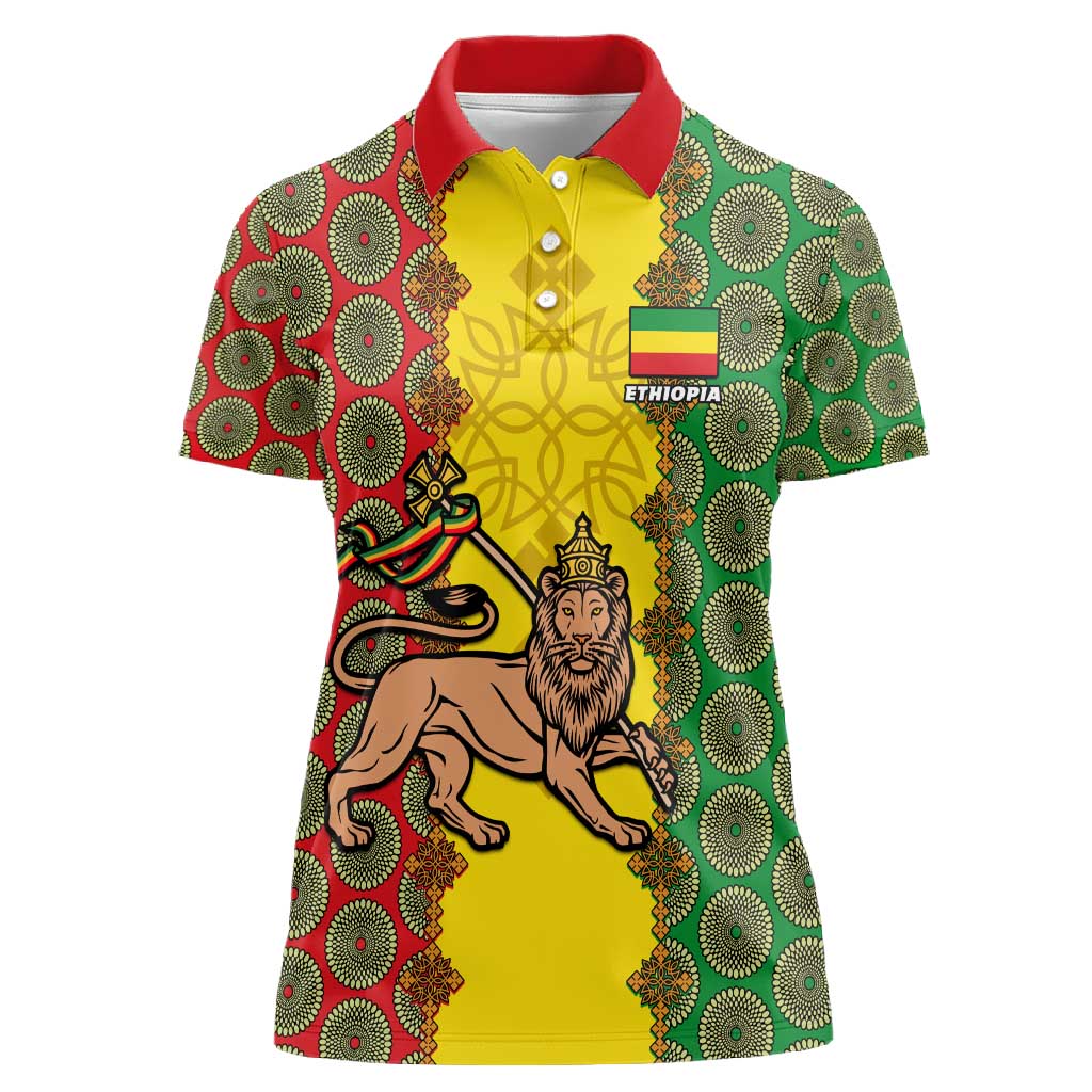 Personalized Ethiopia Women Polo Shirt with Lion of Judah and African Pattern Design