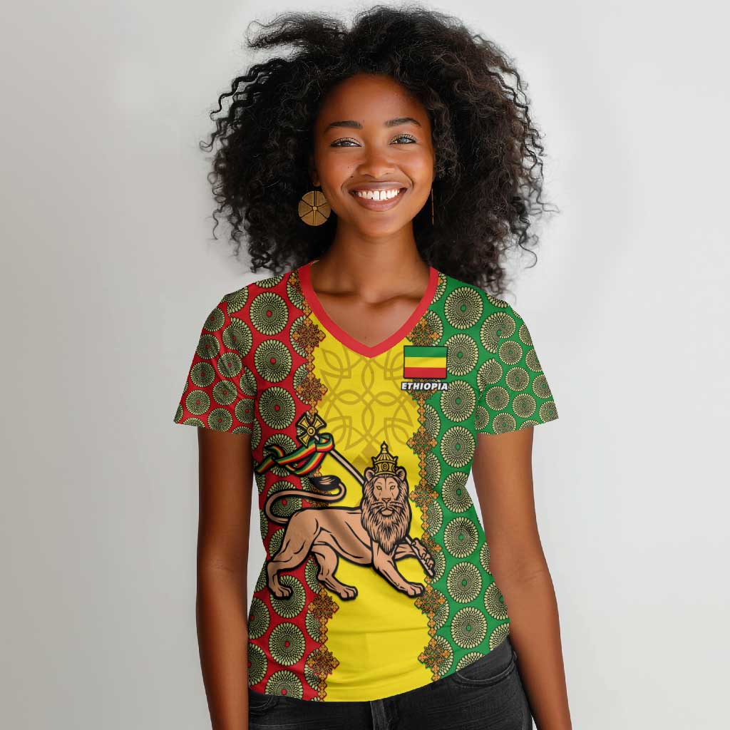 Personalized Ethiopia Women V-Neck T-Shirt with Lion of Judah and African Pattern Design