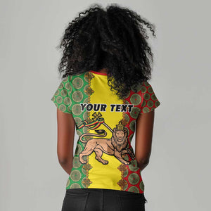 Personalized Ethiopia Women V-Neck T-Shirt with Lion of Judah and African Pattern Design