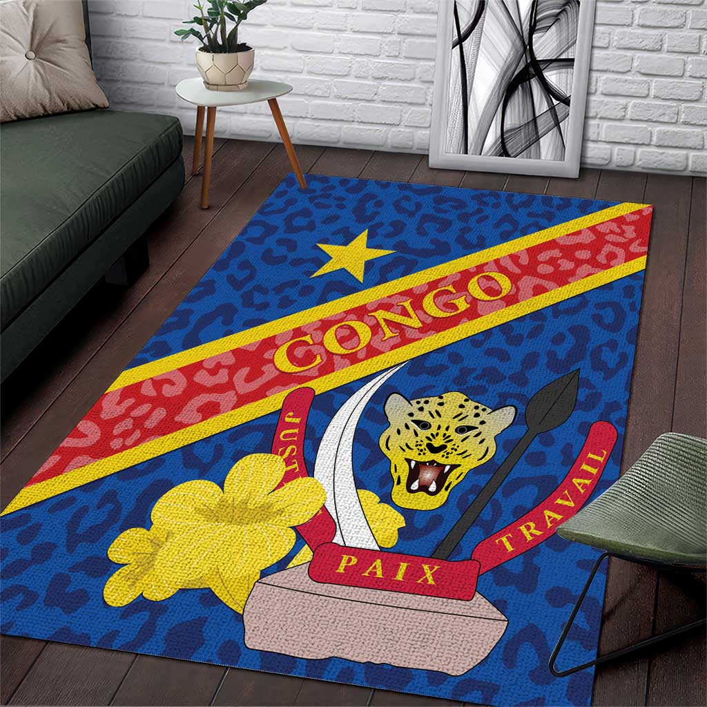 Congo DR Area Rug Coat Of Arms Leopard Pattern